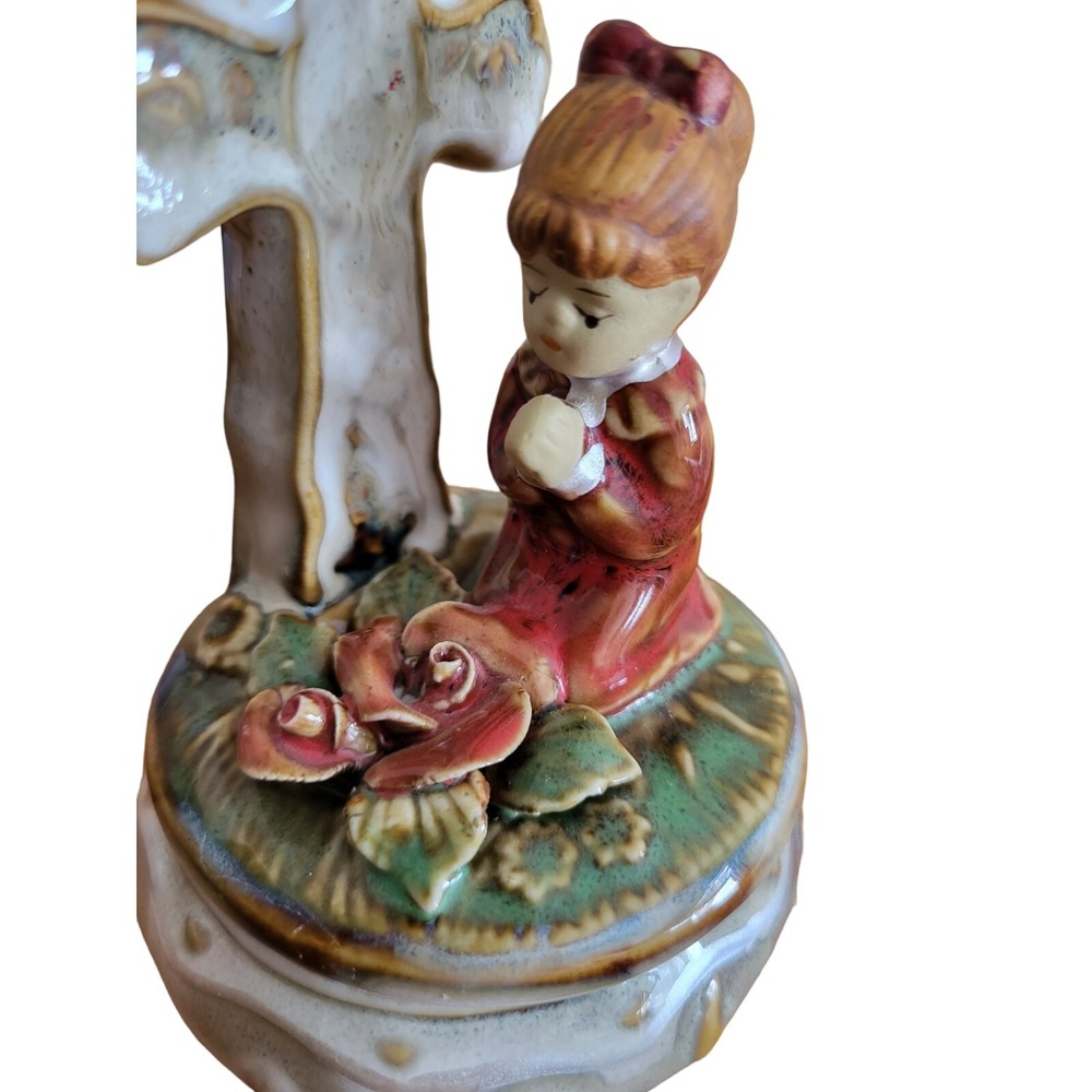 Cross Kneeling Praying Glazed‎ Ceramic Pottery Lidded Religious Trinket Box Dish